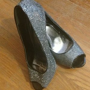 Silver peep toe heels
